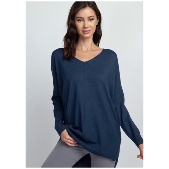 Dark Heather Teal Front Seam Tunic V Neck Sweater - Picture 1 of 1